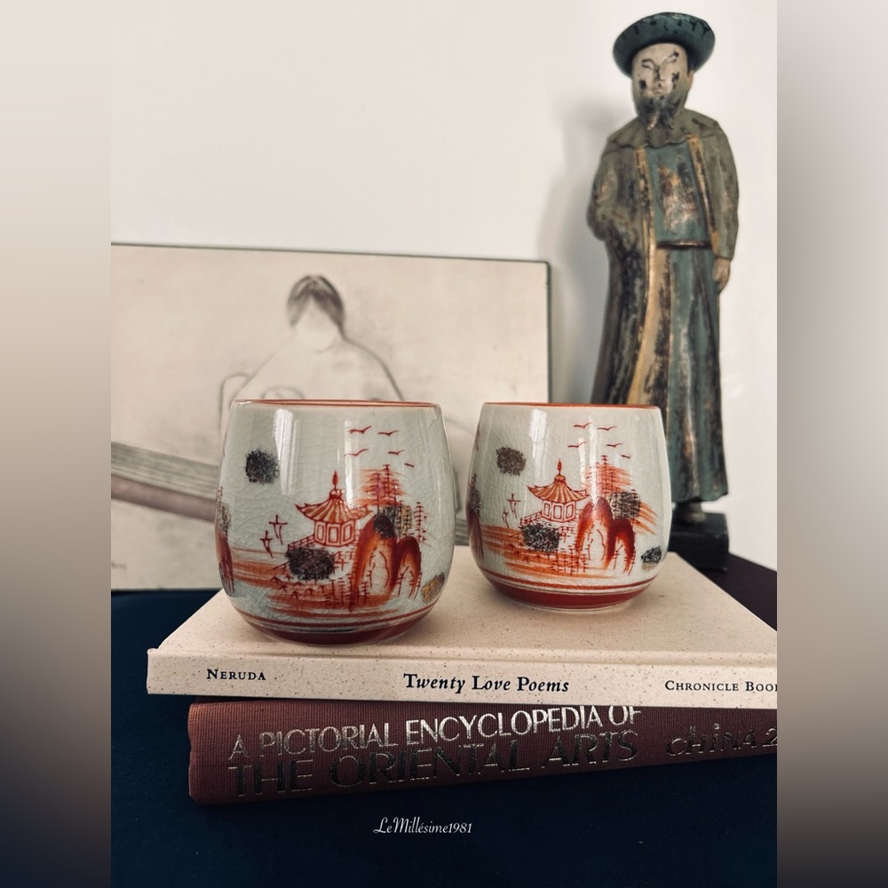 Vintage Japanese Ceramic Teacup Kutani Set of 2